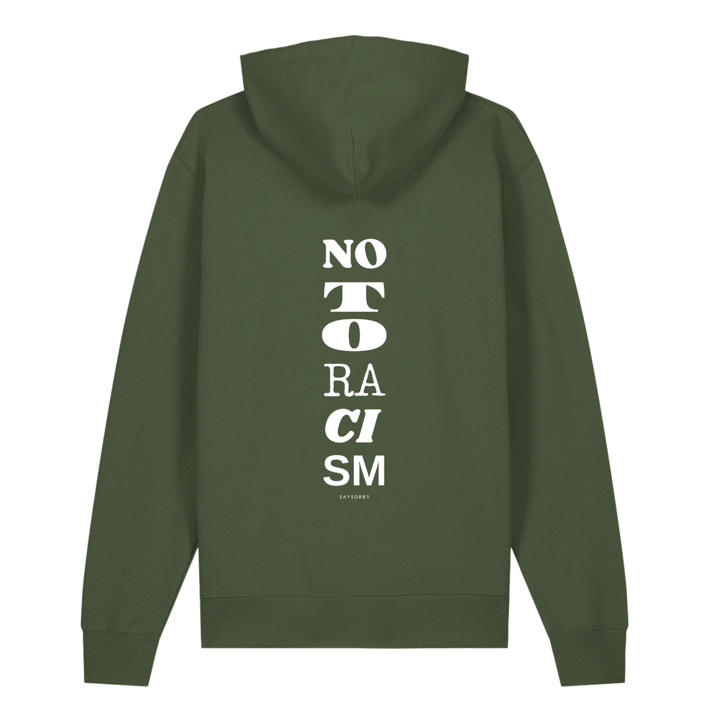 100% Organic unisex Hoodie »No to Racism« vorne bestickt, hinten bedruckt