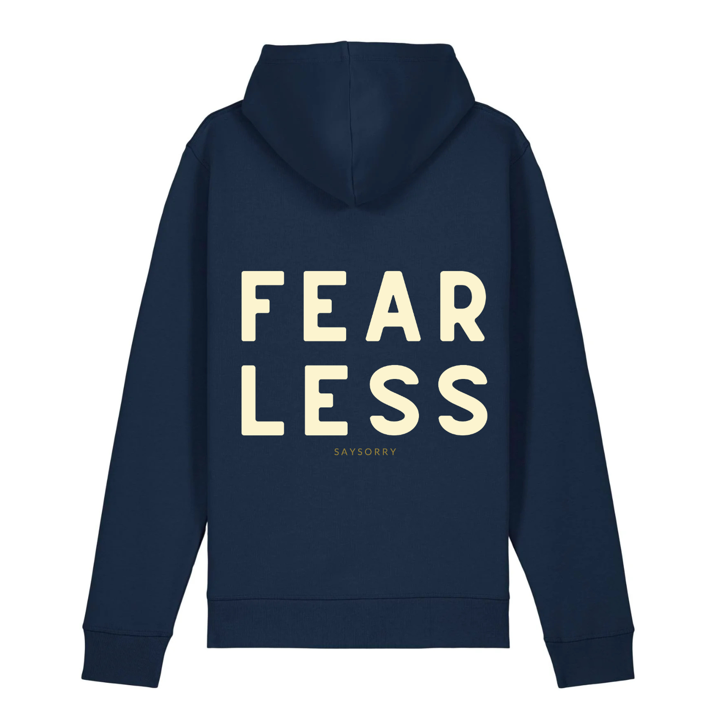 100% Organic unisex Hoodie in vielen Farben »Fearless«, hinten bedruckt, vorne hochwertig bestickt