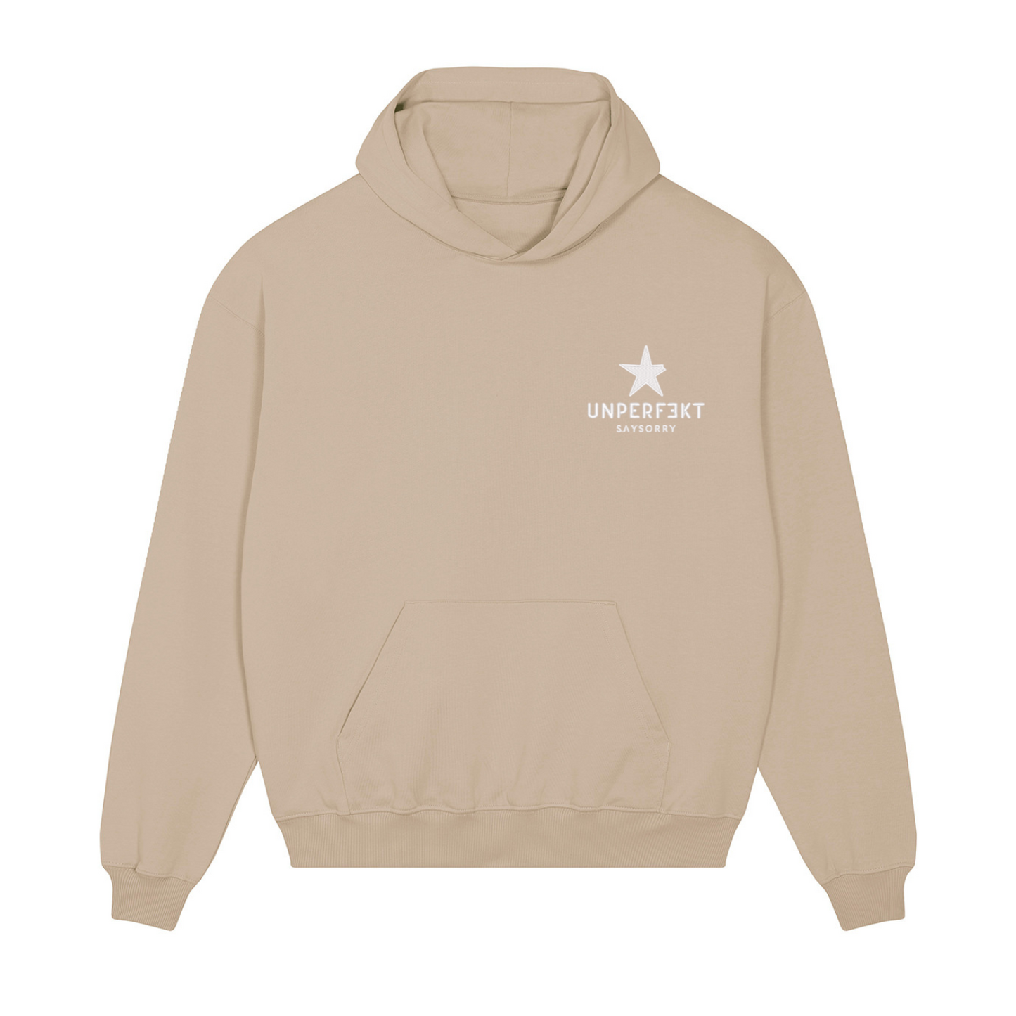 Premium Hoodie 100% Organic Unisex »And For Fuck Sake, Stop Saying Soccer« vorne hochwertig weiß bestickt