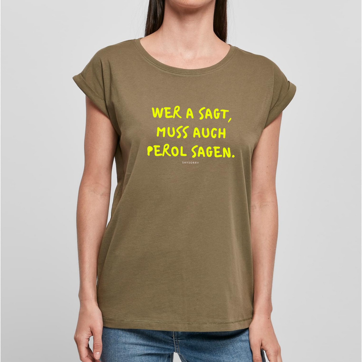Organic Alle-Größen-Shirt »Wer A sagt, muss auch Perol sagen« in Pink und Yellow