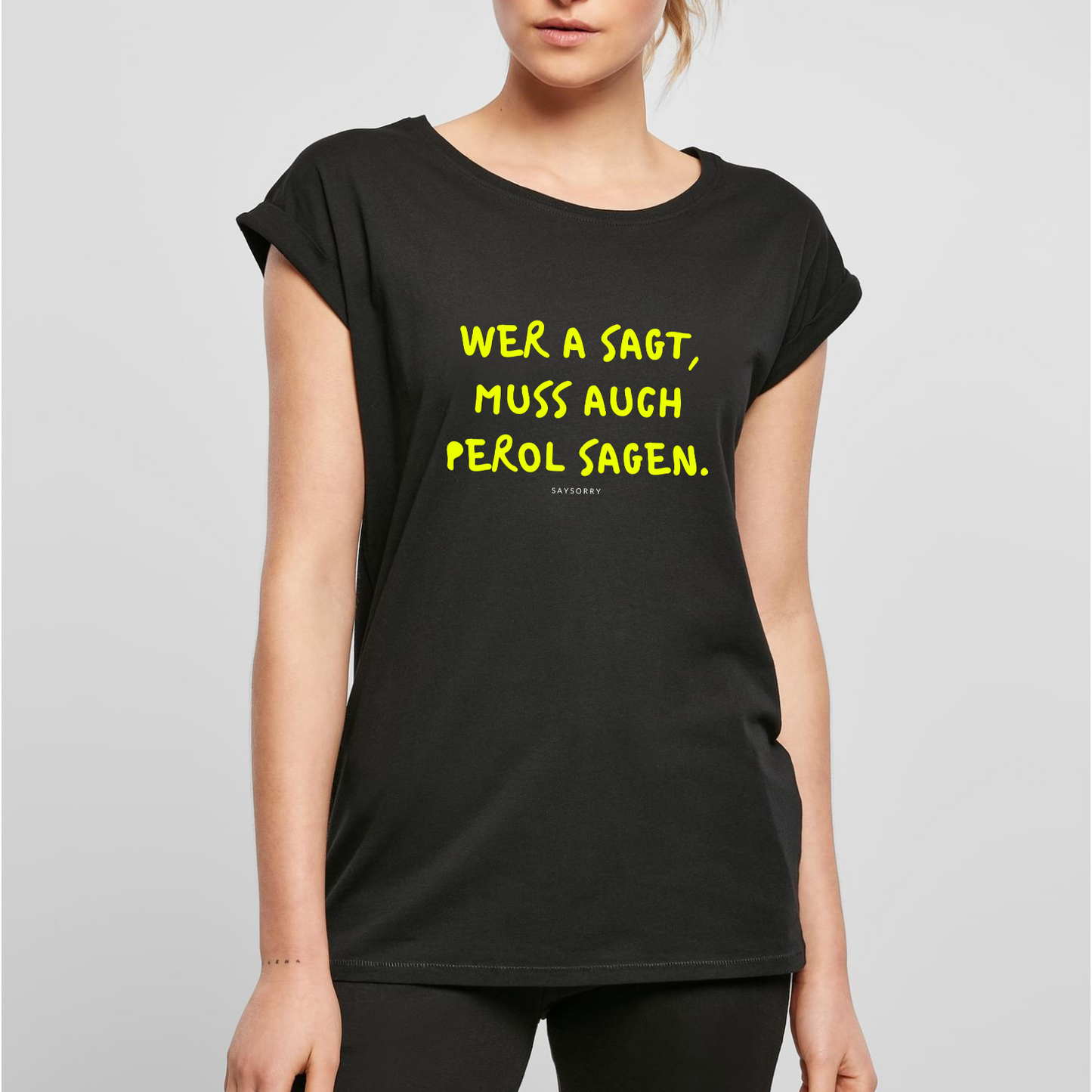 Organic Alle-Größen-Shirt »Wer A sagt, muss auch Perol sagen« in Pink und Yellow