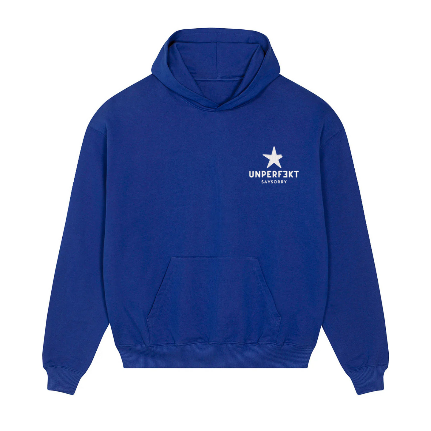 Premium Hoodie 100% Organic Unisex »And For Fuck Sake, Stop Saying Soccer« vorne hochwertig weiß bestickt