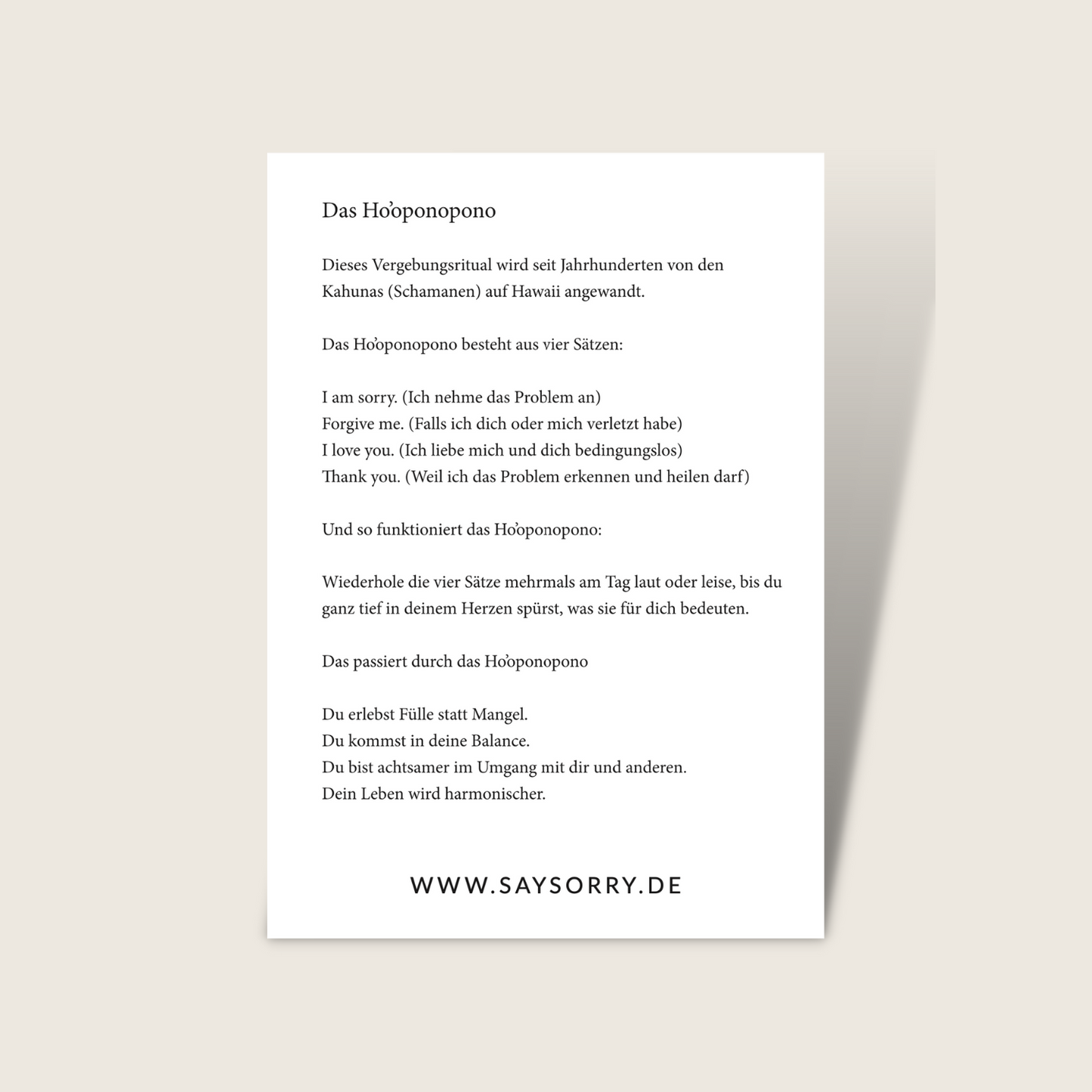 Edle Postkarte »Ho’oponopono« in Gold bedruckt