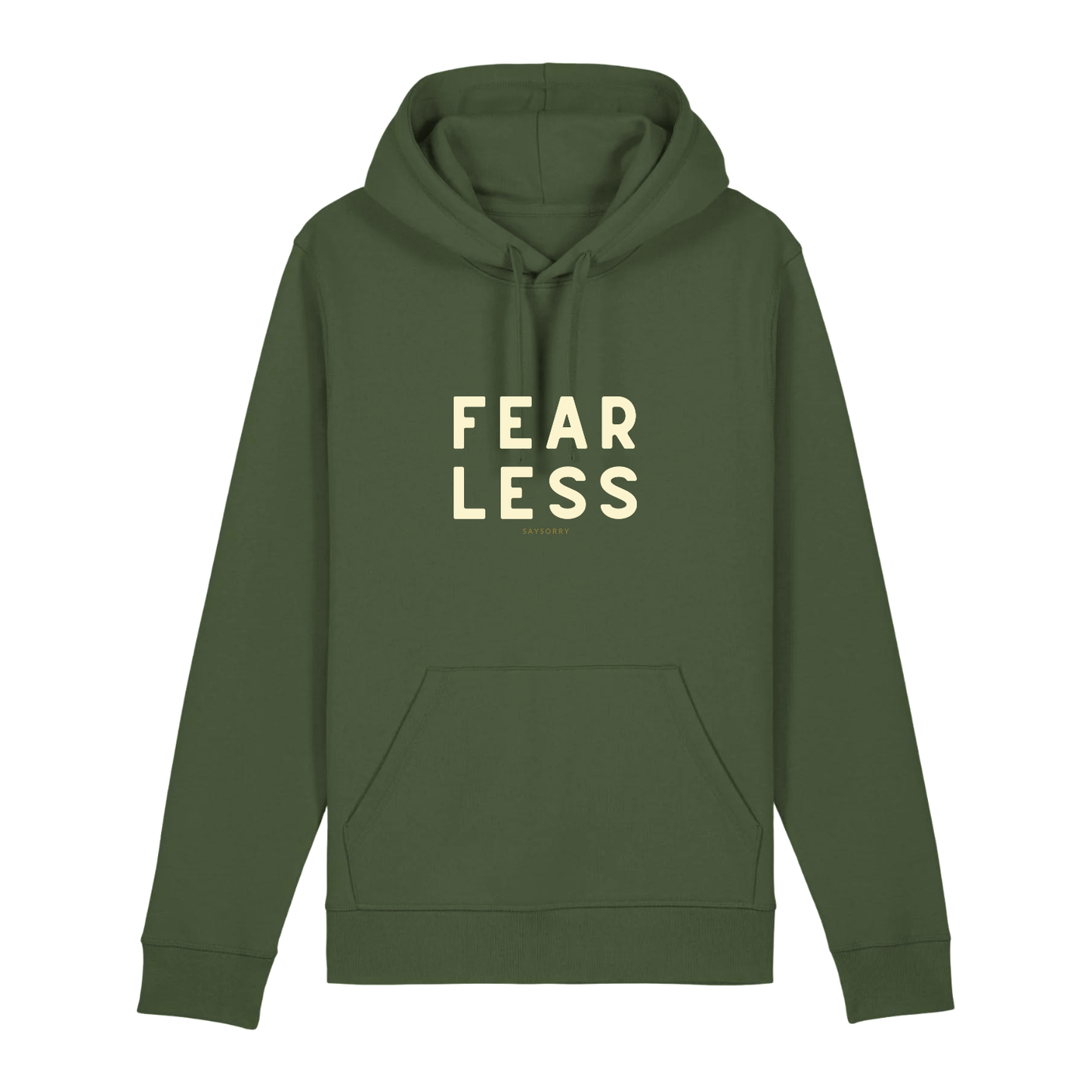 100% Organic unisex Hoodie in vielen Farben »Fearless« vorne hochwertig bedruckt