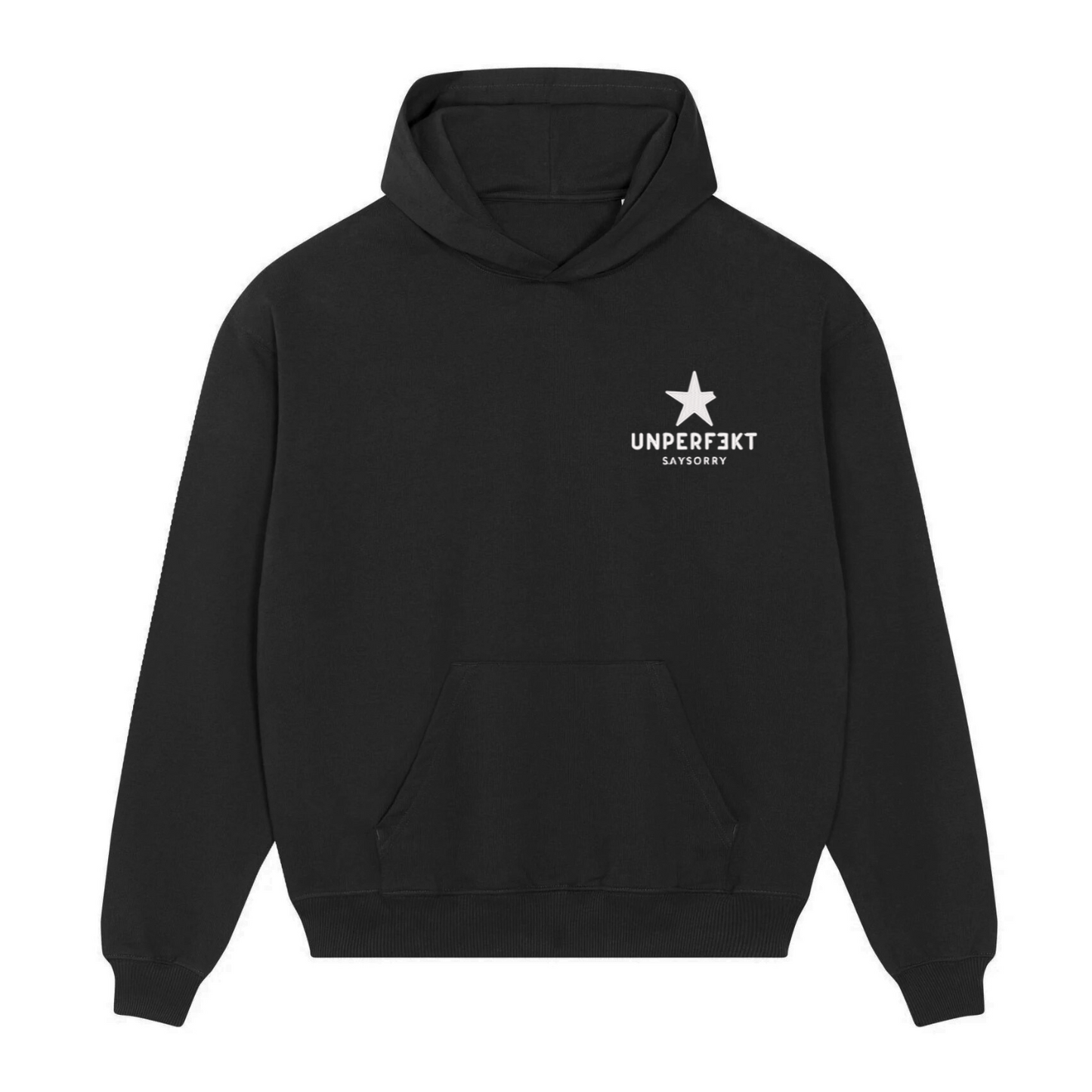 Premium Hoodie 100% Organic Unisex »And For Fuck Sake, Stop Saying Soccer« vorne hochwertig weiß bestickt