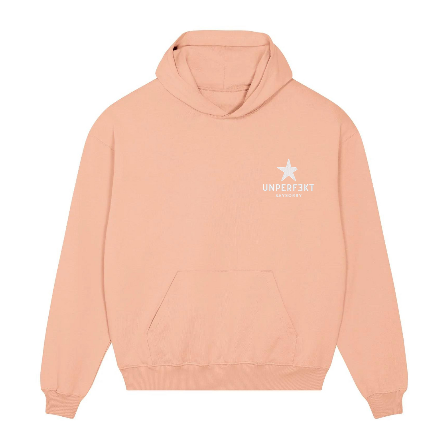Premium Hoodie 100% Organic Unisex »And For Fuck Sake, Stop Saying Soccer« vorne hochwertig weiß bestickt