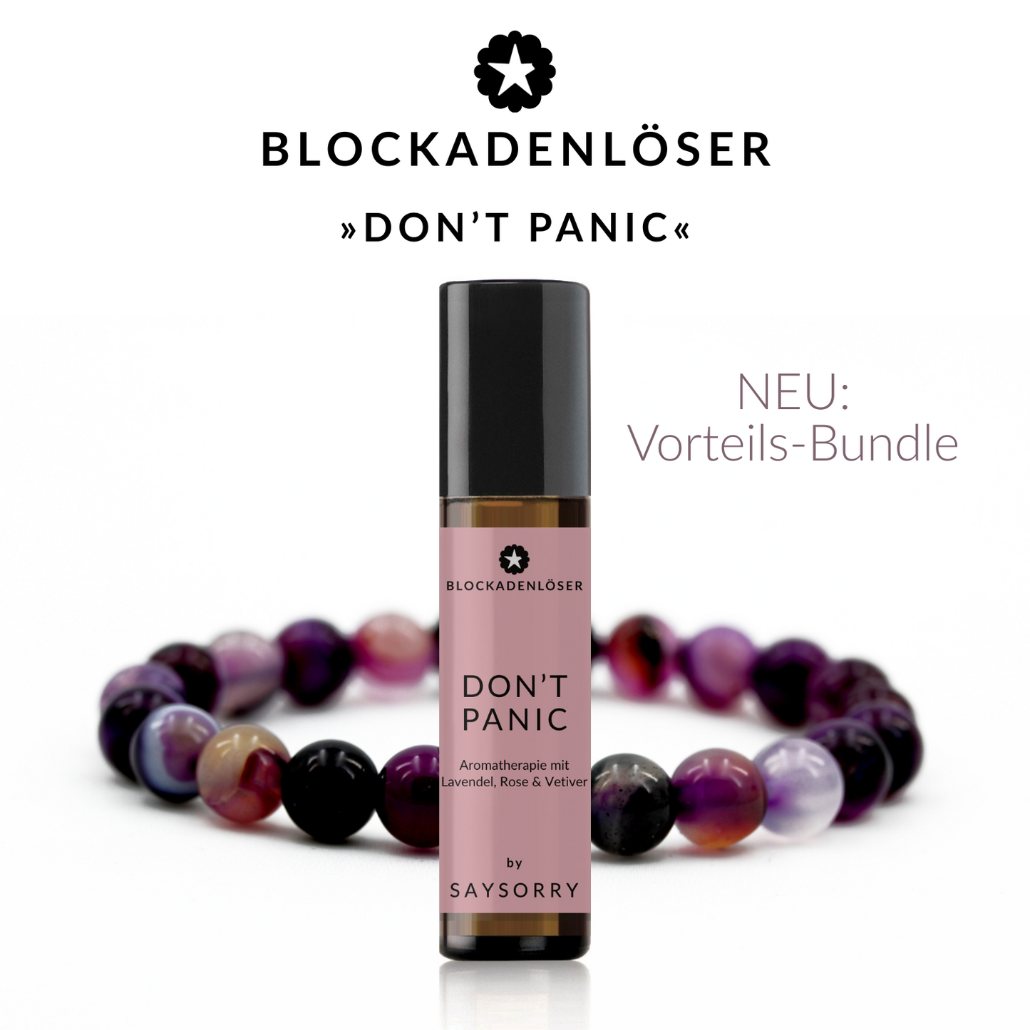 »Don’t Panic« Blockadenlöser-Bundle: Natursteinarmband + Rollerball + Manifest als Geschenk