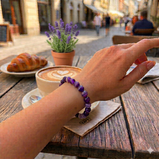 »Don’t Panic« Blockadenlöser-Armband aus echtem Lavendelachat inkl. abgebrochenem Stern