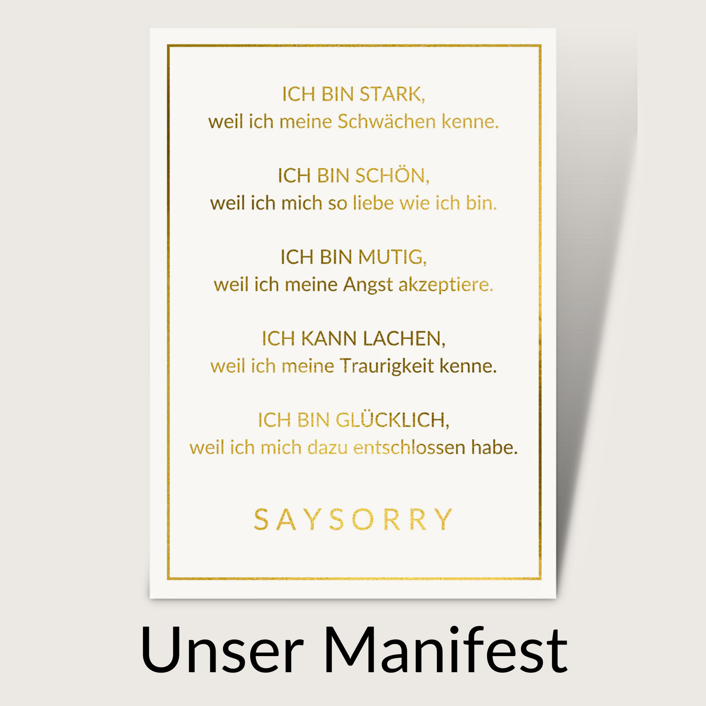 Edle Postkarte »Manifest: Anleitung zum Unperfektsein« in Gold auf Künstlerkarton