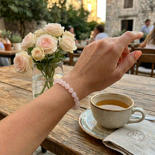 »Menopause-Queen« Blockadenlöser-Armband aus echten Rosenquarz-Perlen inkl. abgebrochenem Stern