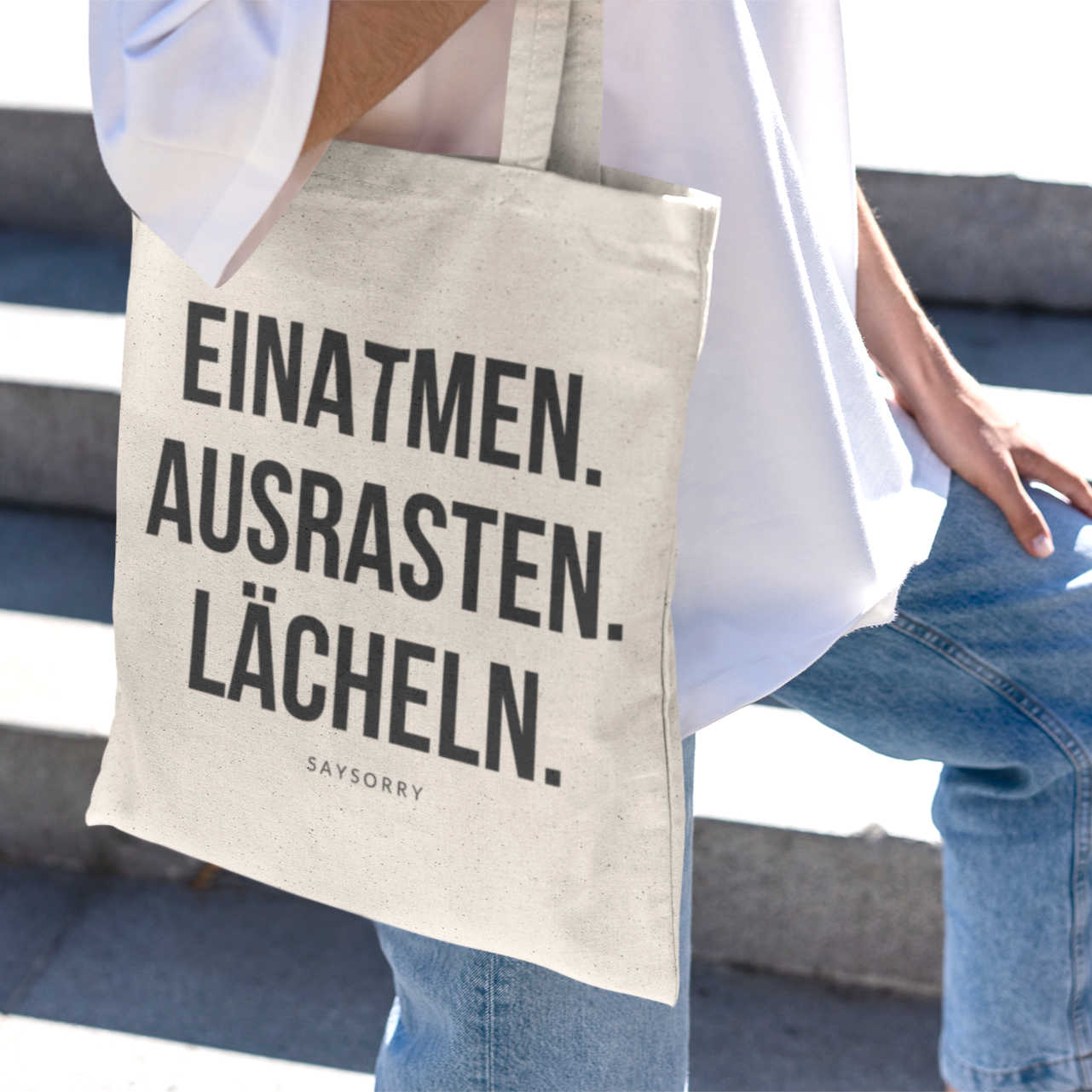 Tote Bag »Einatmen. Ausrasten. Lächeln.«