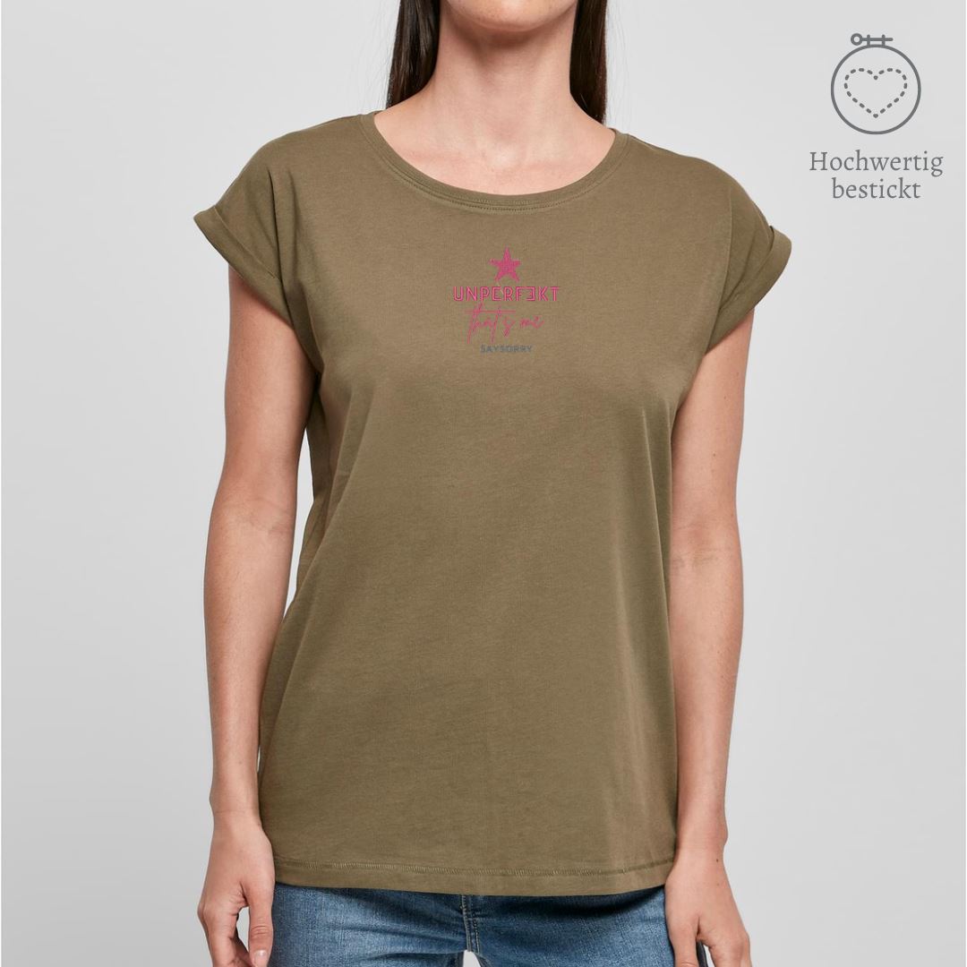 Organic Alle-Größen-Shirt »UNPERFEKT That’s me« hochwertig bestickt Shirt SAYSORRY Olive XS 