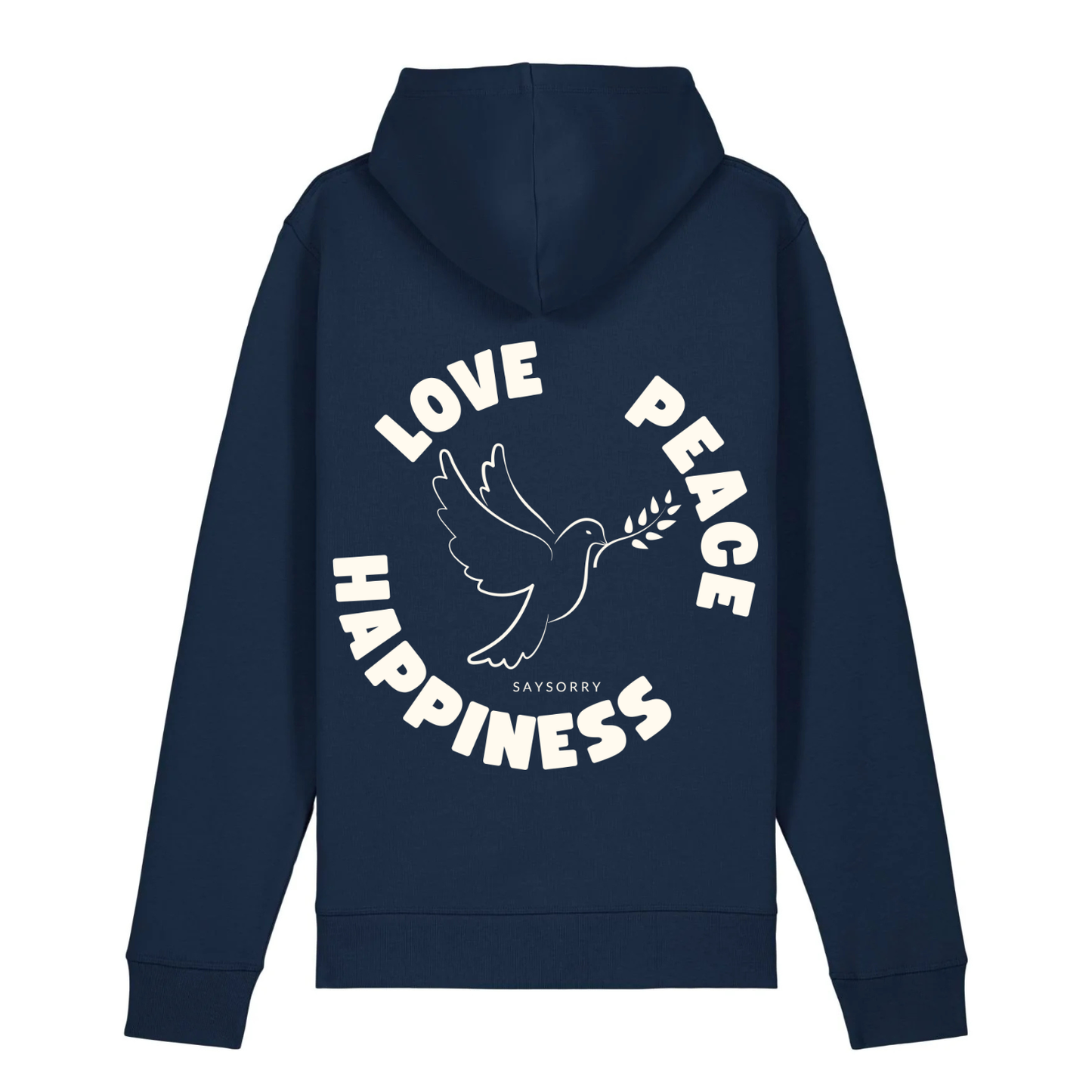 Organic unisex Hoodie »Love Peace Happiness« vorne bestickt, hinten bedruckt