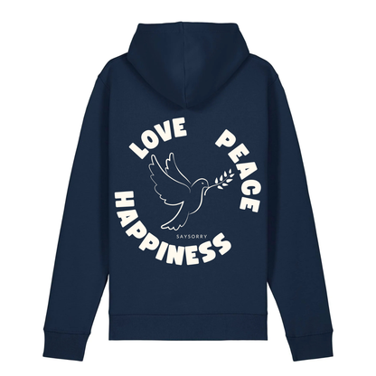 Organic unisex Hoodie »Love Peace Happiness« vorne bestickt, hinten bedruckt