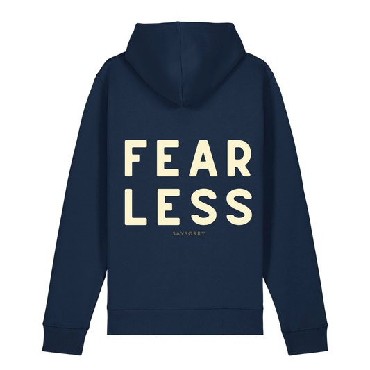 100% Organic unisex Hoodie in vielen Farben »Fearless«, hinten bedruckt, vorne hochwertig bestickt