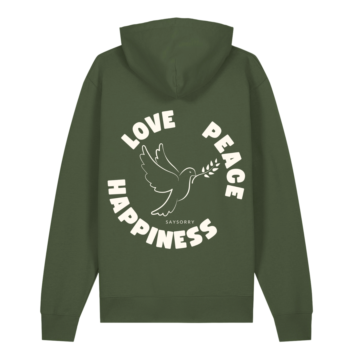 Organic unisex Hoodie »Love Peace Happiness« vorne bestickt, hinten bedruckt