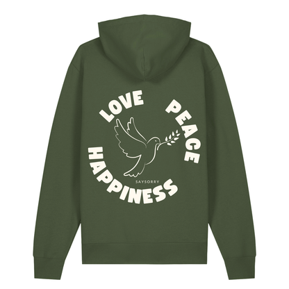 Organic unisex Hoodie »Love Peace Happiness« vorne bestickt, hinten bedruckt