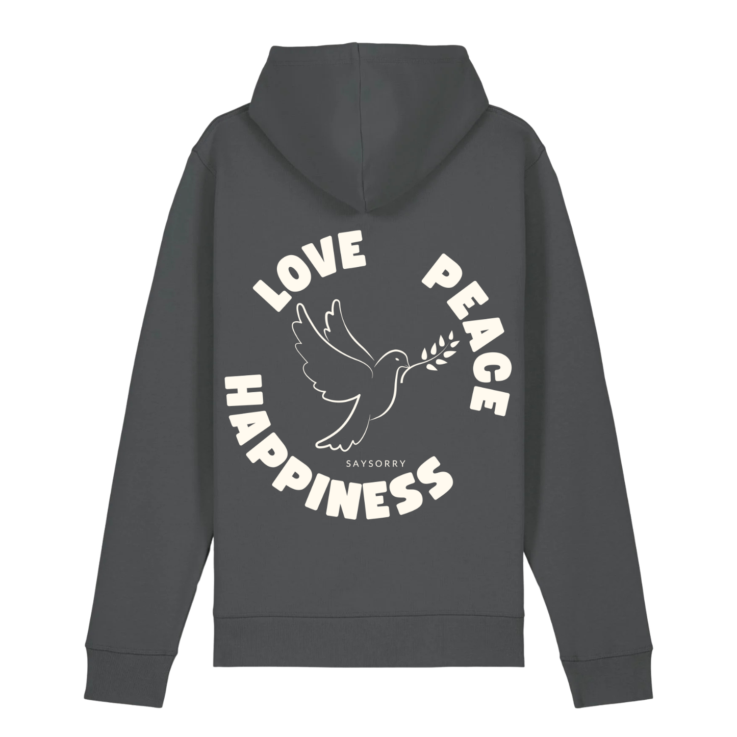 Organic unisex Hoodie »Love Peace Happiness« vorne bestickt, hinten bedruckt
