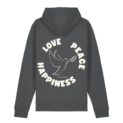Organic unisex Hoodie »Love Peace Happiness« vorne bestickt, hinten bedruckt