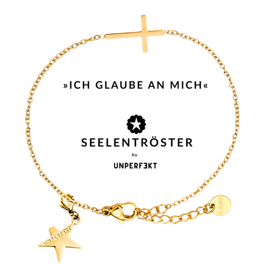 »Ich glaube an mich« 14 Karat vergoldetes Seelentröster-Armband mit Kreuz und abgebrochenem Stern
