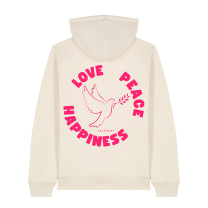 Organic unisex Hoodie »Love Peace Happiness« vorne bestickt, hinten bedruckt