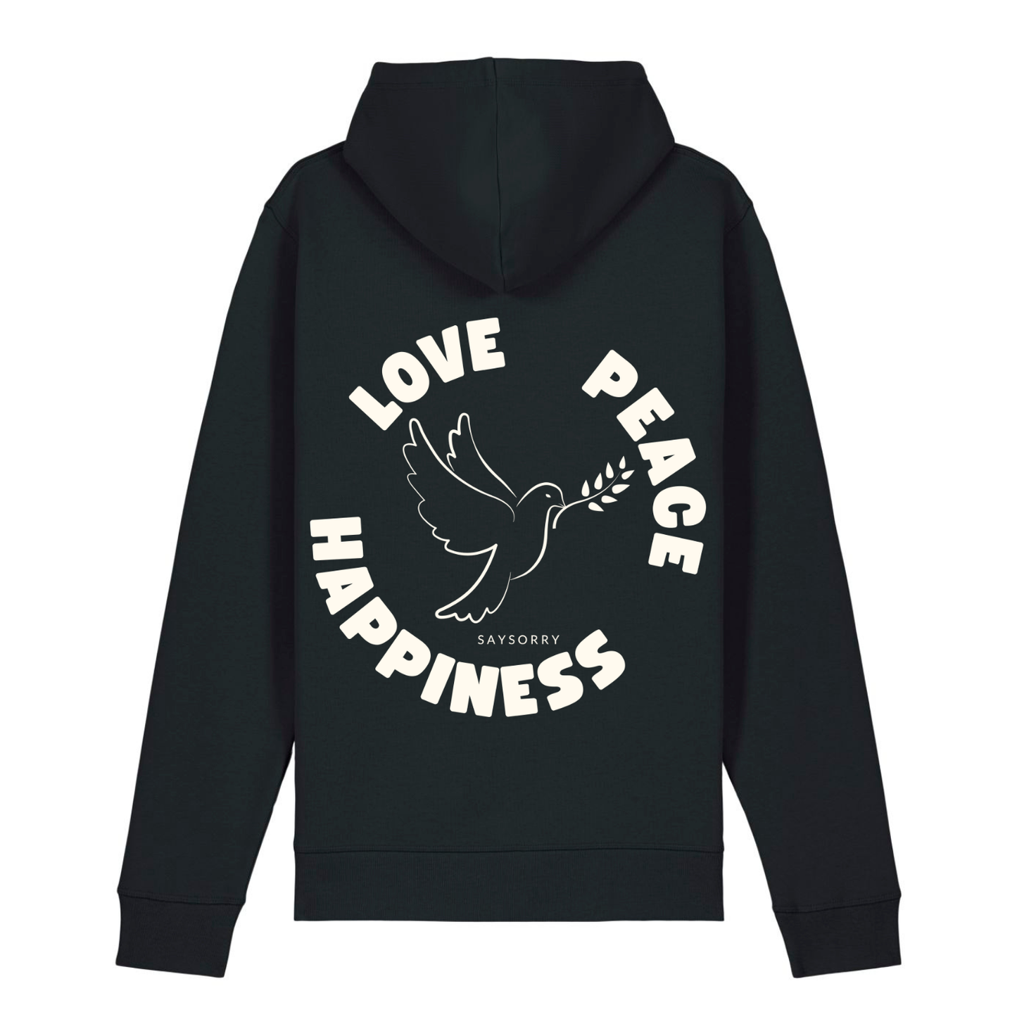 Organic unisex Hoodie »Love Peace Happiness« vorne bestickt, hinten bedruckt