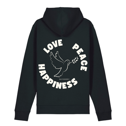 Organic unisex Hoodie »Love Peace Happiness« vorne bestickt, hinten bedruckt