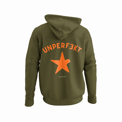 100% Organic unisex Hoodie in vielen Farben »Unperfekt in orangel« Vorne bestickt, hinten bedruckt