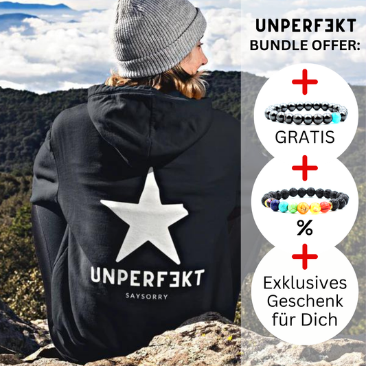 Limited-Edition: Unisex Hoodie inkl. Armband »unperfekt mit Stern vorne bestickt & hinten bedruckt«