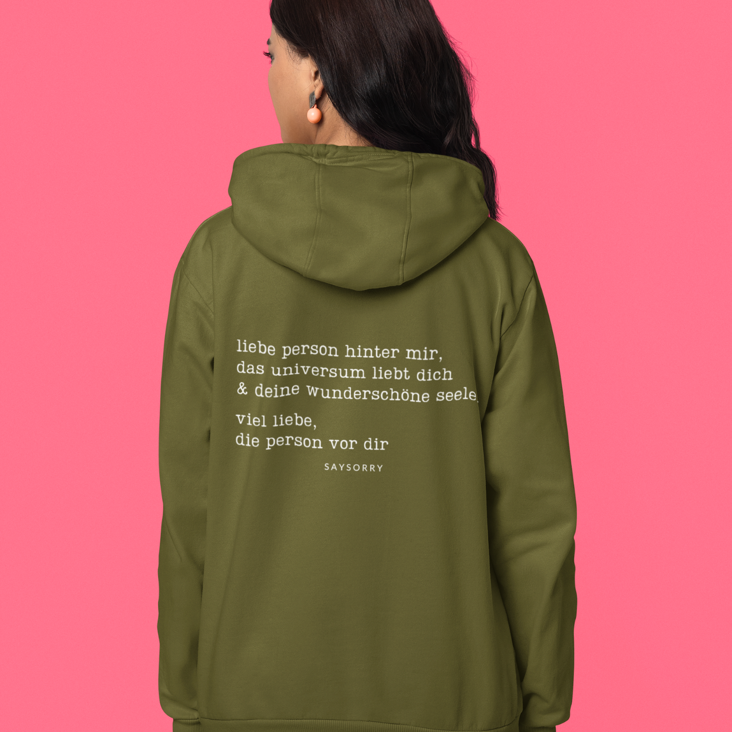 100% Organic unisex Hoodie in vielen Farben »Liebe Person hinter mir« vorne bestickt & hinten bedruckt