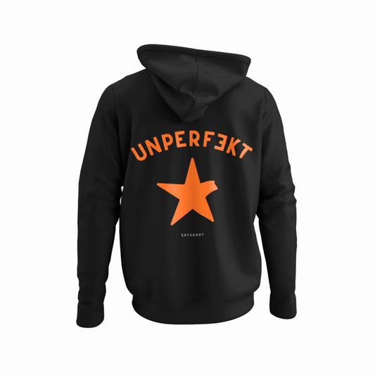 Organic unisex Hoodie in vielen Farben »Unperfekt in orangel« Vorne bestickt, hinten bedruckt
