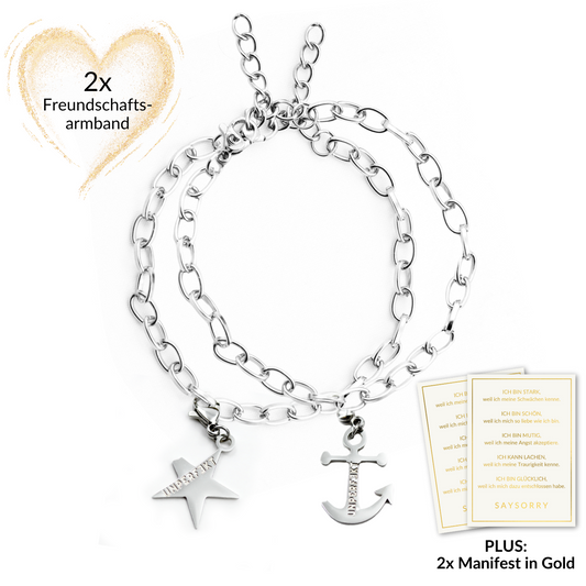 Auf die Freundschaft: 2x Armband mit abgebrochenem Stern & Anker + 2x das goldene Manifest