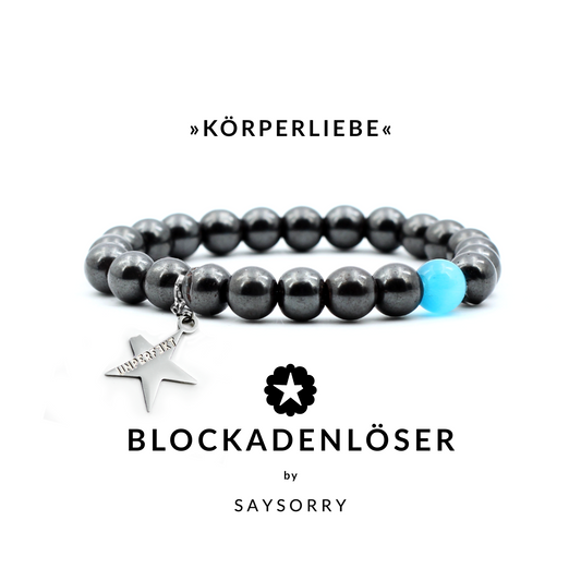 »Körperliebe« Armband aus Hämatit-Perlen und blauer Opalperle
