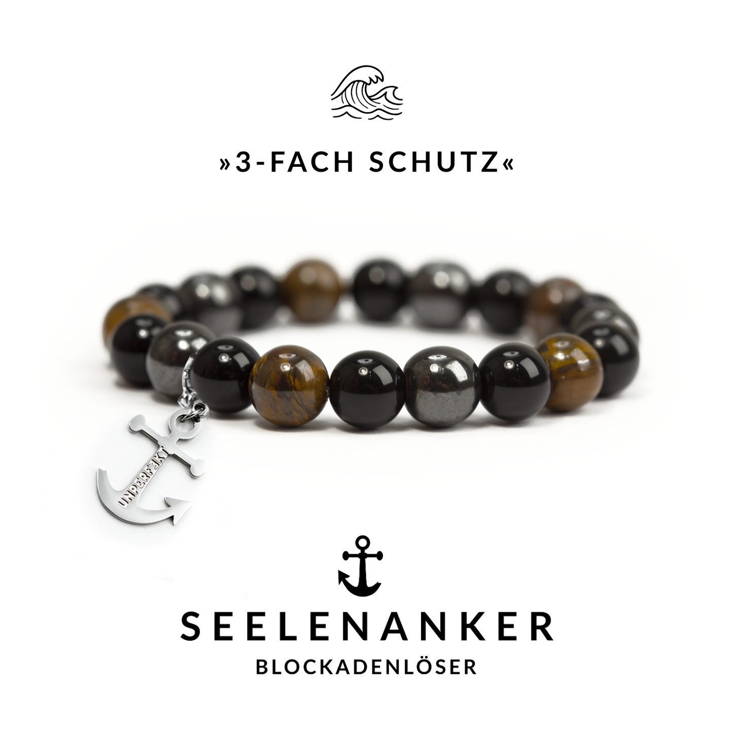 Seelenanker »3-fach Schutz« Blockadenlöser-Armband  aus Tigerauge, Hämatit, Obsidian