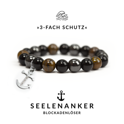Seelenanker »3-fach Schutz« Blockadenlöser-Armband  aus Tigerauge, Hämatit, Obsidian