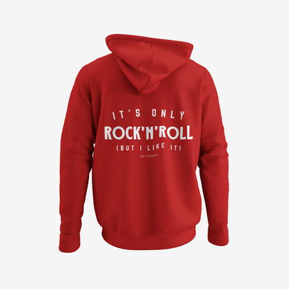 100% Organic unisex Hoodie in vielen Farben »It’s Only Rock’n’Roll (but I like it)« vorne bestickt & hinten bedruckt