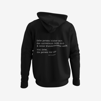 100% Organic unisex Hoodie in vielen Farben »Liebe Person hinter mir« vorne bestickt & hinten bedruckt