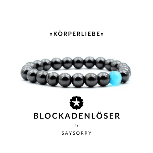 »Körperliebe« Armband aus Hämatit-Perlen und blauer Opalperle