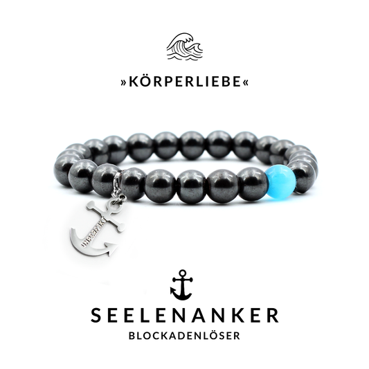 Seelen-Anker »Körperliebe« Blockadenlöser-Armband  aus Hämatit und blauer Opalperle