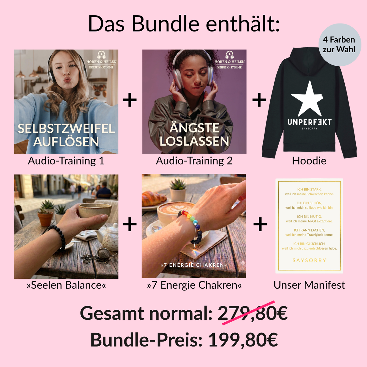 Seelenstärke-Bundle: 2x Audio-Training + Kuschel-Hoodie + 2x Blockadenlöser + Manifest