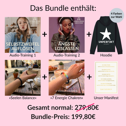 Seelenstärke-Bundle: 2x Audio-Training + Kuschel-Hoodie + 2x Blockadenlöser + Manifest