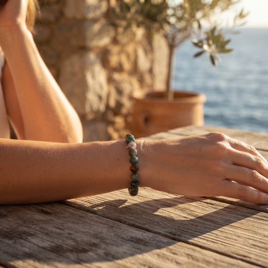 »Ich lass los« Blockadenlöser-Armband aus echtem Moos-Achat inkl. abgebrochenem Stern