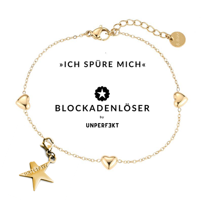 »Ich spüre mich« Blockadenlöser-Armband 14K vergoldet mit 3 Herzen inkl. abgebrochenem Stern