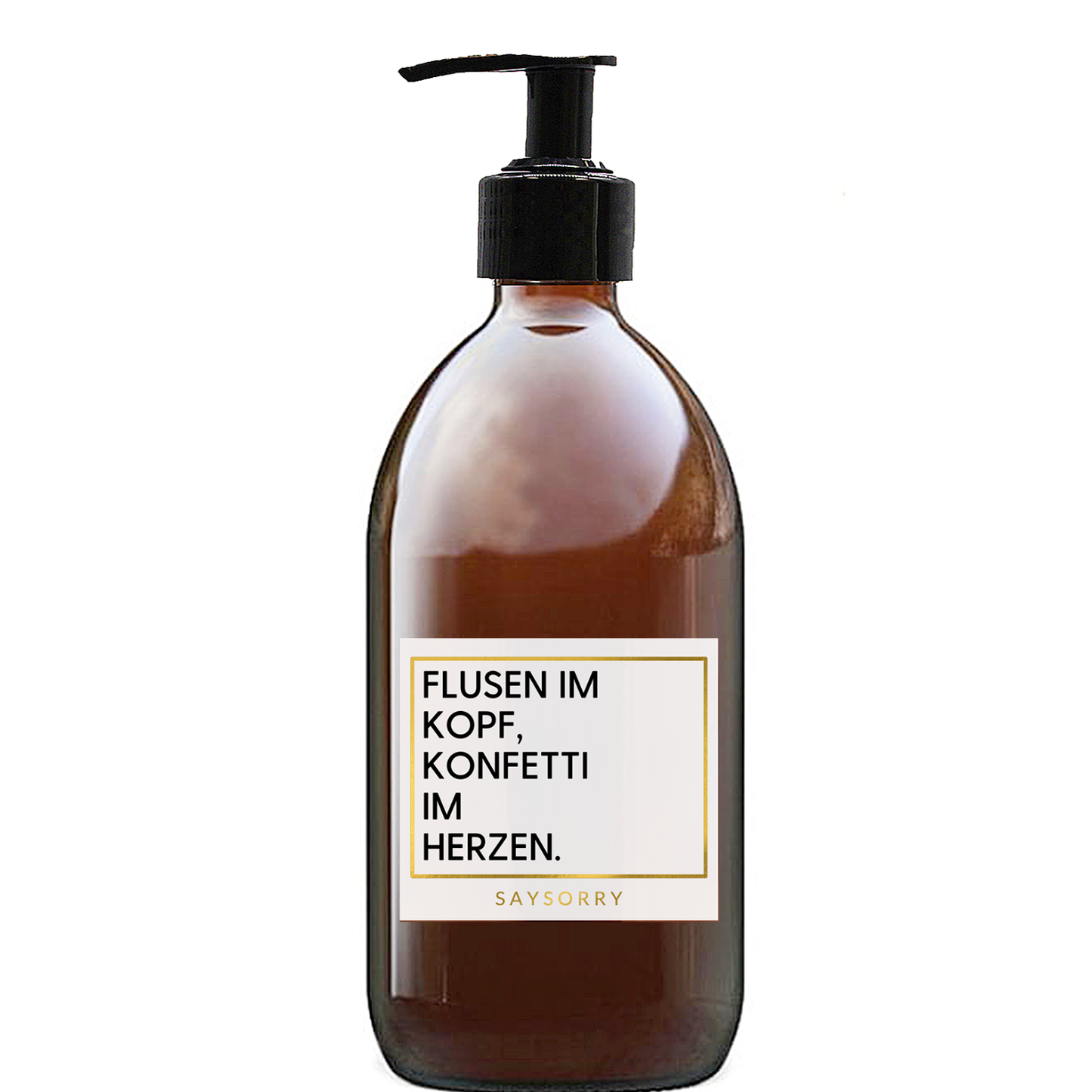 Sandelholz Handseife »Flusen im Kopf - Konfetti im Herzen« in nachfüllbarer Glasflasche