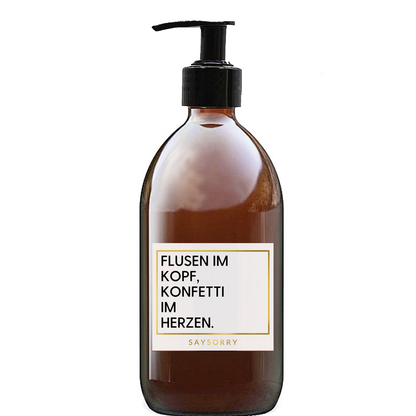 Sandelholz Handseife »Flusen im Kopf - Konfetti im Herzen« in nachfüllbarer Glasflasche