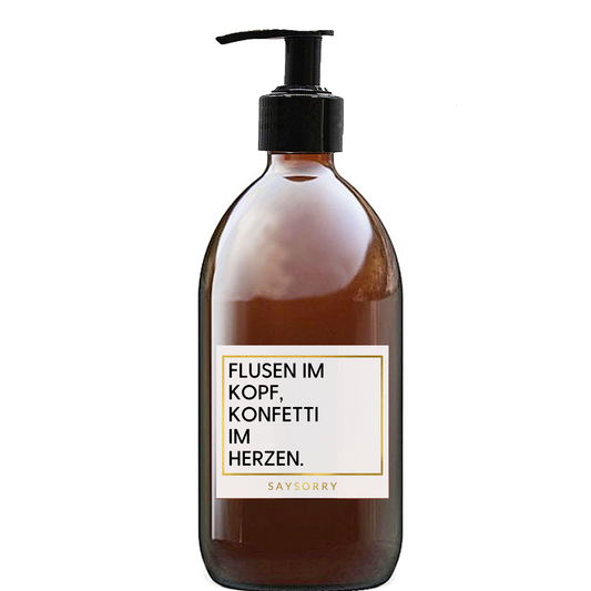 Sandelholz Handseife »Flusen im Kopf - Konfetti im Herzen« in nachfüllbarer Glasflasche