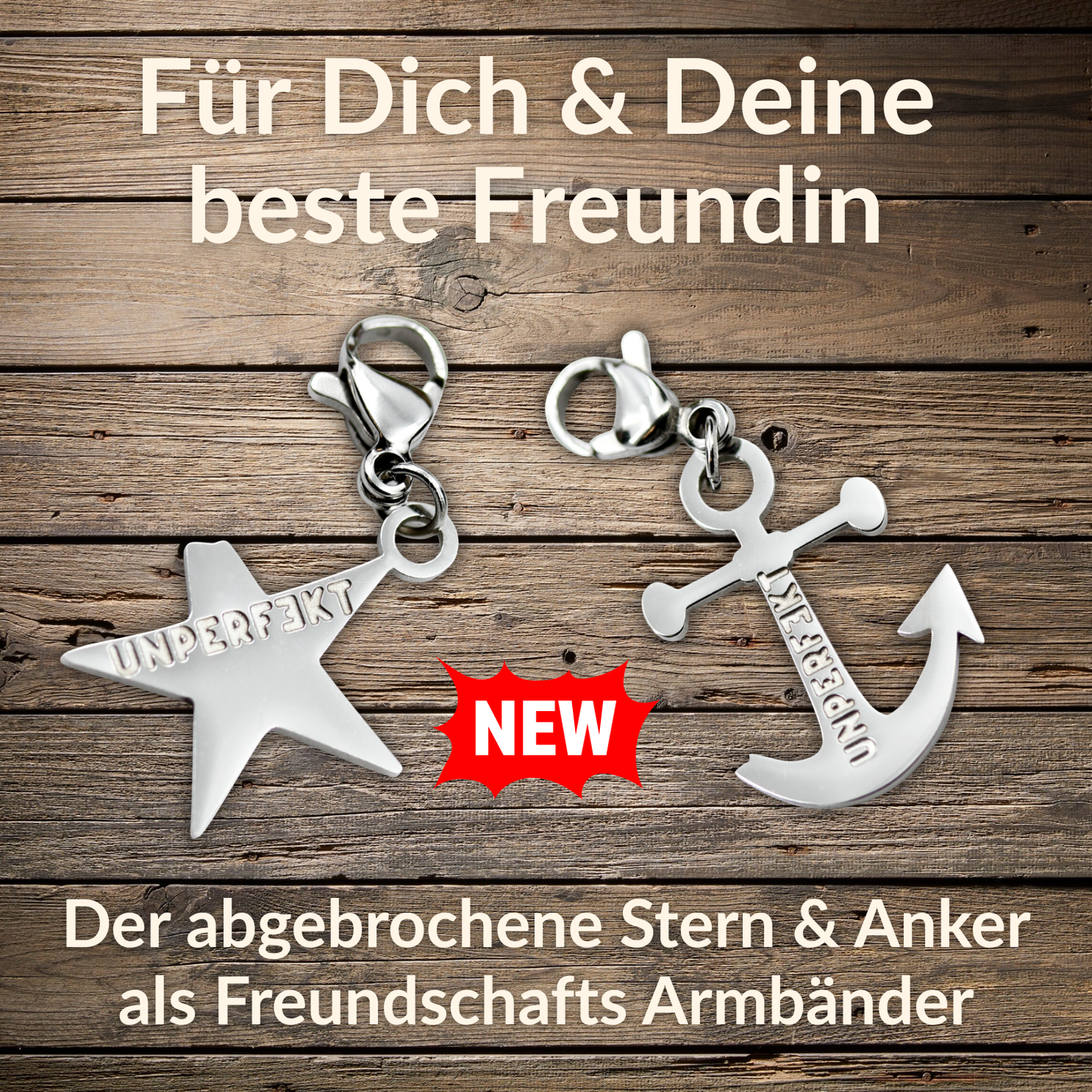 Auf die Freundschaft: 2x Armband mit abgebrochenem Stern & Anker + 2x das goldene Manifest