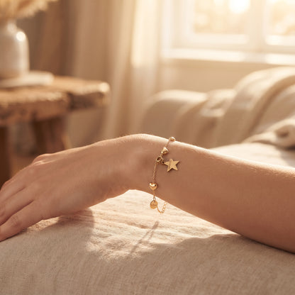 »Ich spüre mich« Blockadenlöser-Armband 14K vergoldet mit 3 Herzen inkl. abgebrochenem Stern