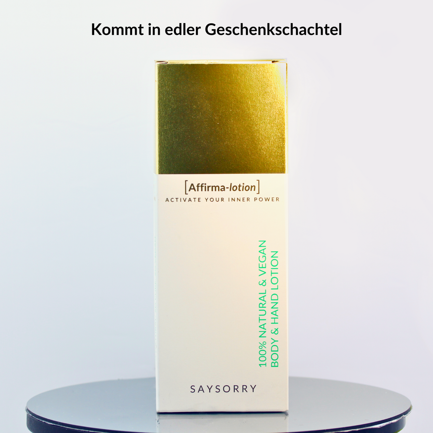 Edle Sandelholz Handseife »Good Things will Happen Today« in nachfüllbarer Glasflasche