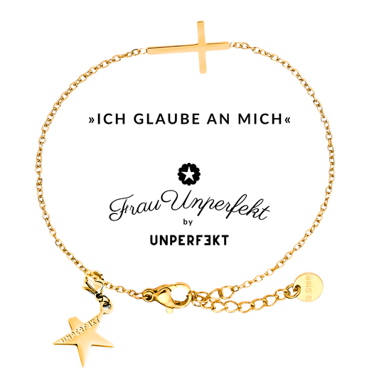 »Ich glaube an mich« 14 Karat vergoldetes  Wunscharmband mit Kreuz und abgebrochenem Stern